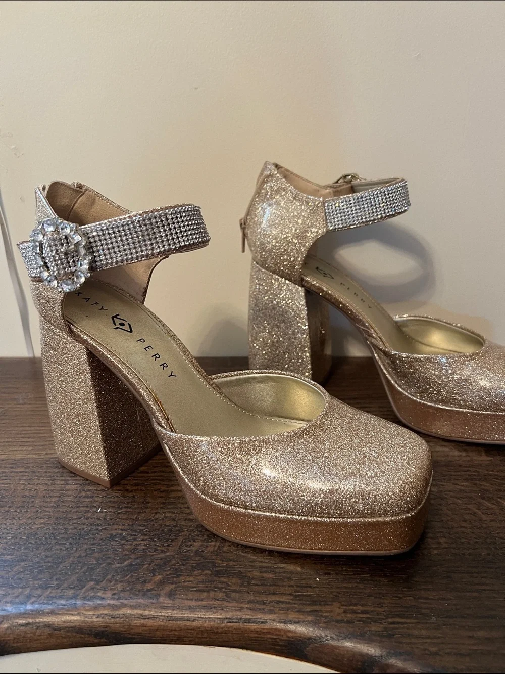 Katy Perry Collections Rose Gold Glitter Platform Mary Jane with Crystal Buckle